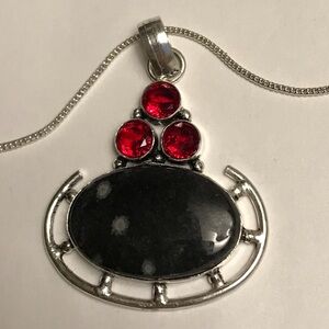 Snowflake Obsidian Garnet Stamped 925 Sterling Silver Necklace